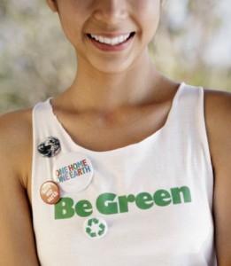 Young Woman Wearing Environmentalist Tank Top and Buttons